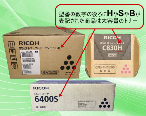 リコーの商品型番名の後ろにHやSがついている場合は大容量トナー